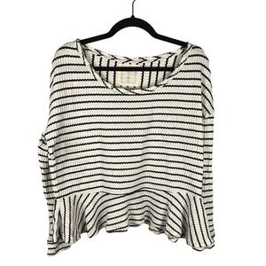 Free People Size M Auntie Em Striped Thermal Peplum Blouse Shirt Ivory Black